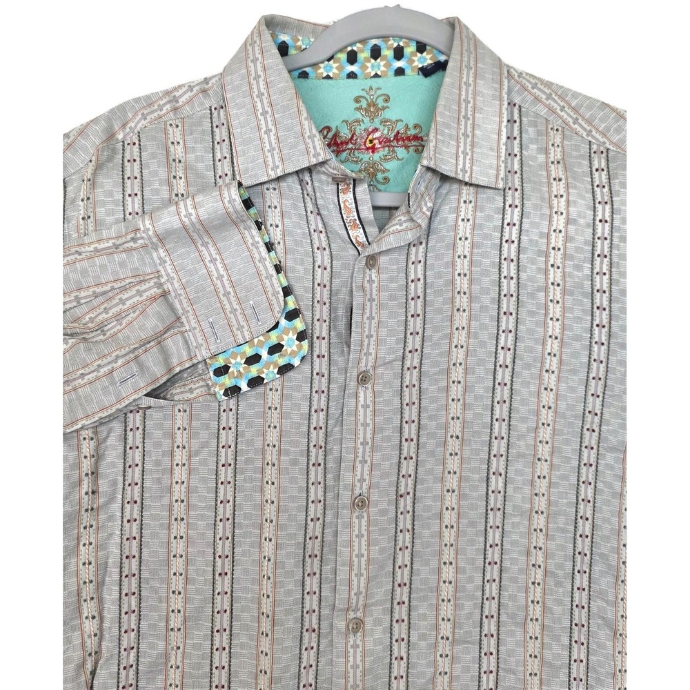 Robert Graham Shirt Mens Large Gray Striped Long Sleeve Button Front Silk Trim